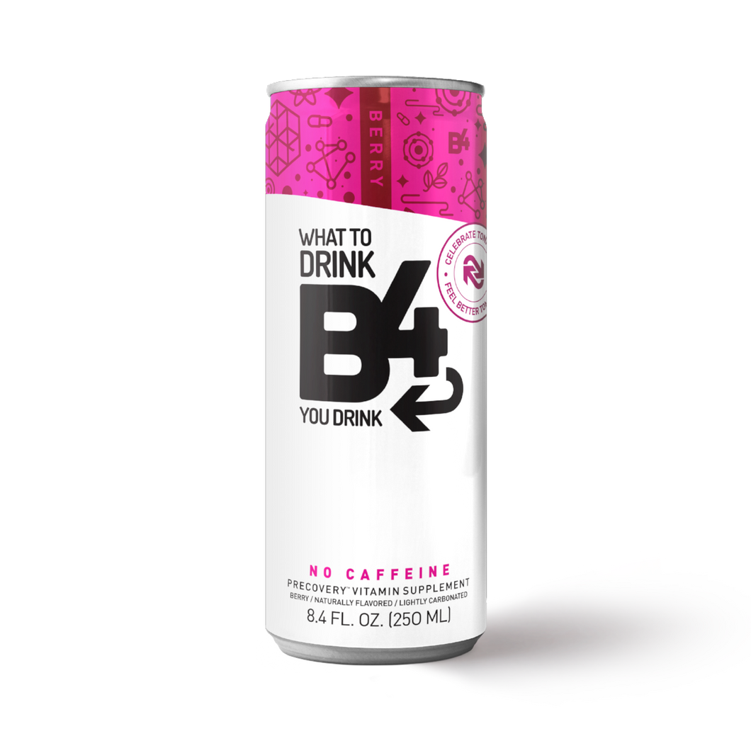 an 8.4 oz can of berry flavored B4 precovery drink