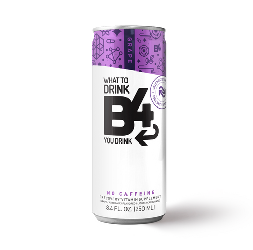 an 8.4 oz can of grape flavored B4 precovery drink