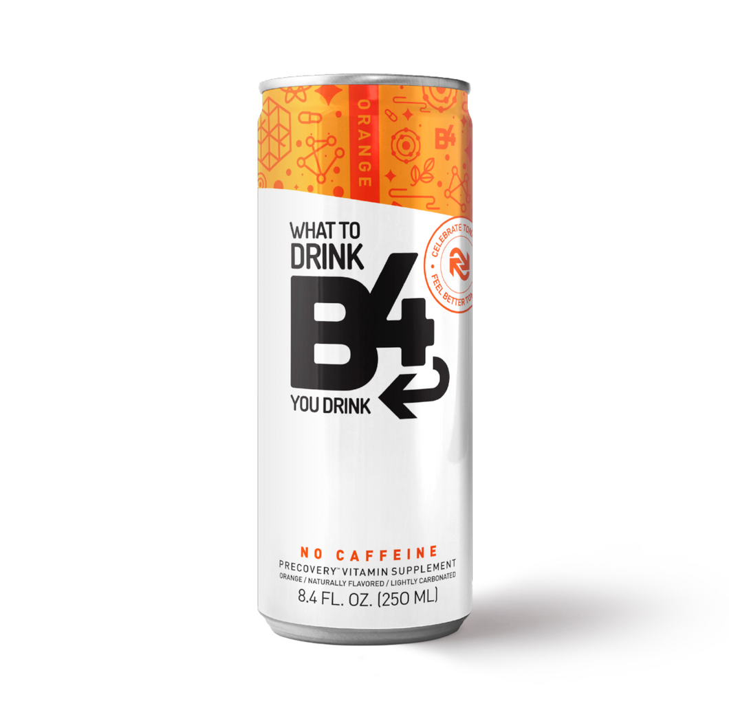 an 8.4 oz can of orange flavored B4 precovery drink